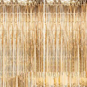 2 Pack Metallic Tinsel Foil Backdrop Curtains - 3x8ft Photo Booth Background